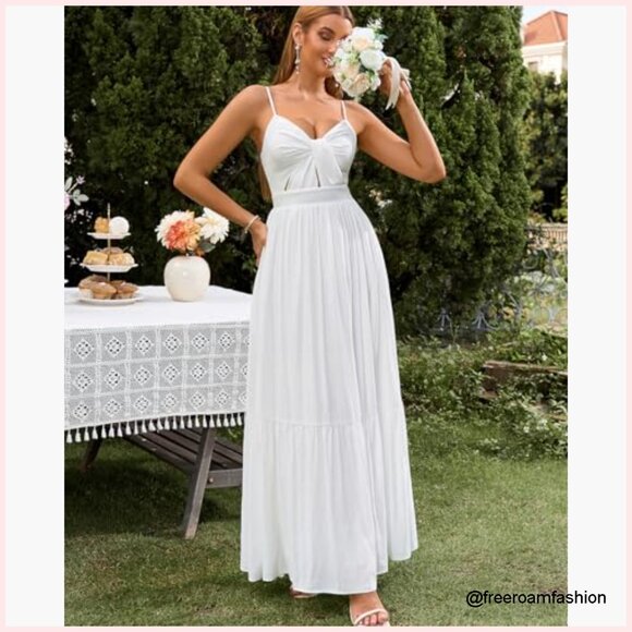 Women's Summer Maxi Dress V-Neck Cutout Smocked Back Flowy A-Line - Picture 4 of 6